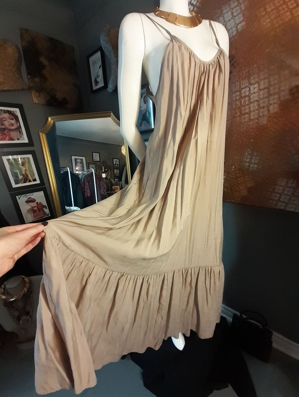 Zara Flowy Taupe Modal Blend Maxi Slip Dress